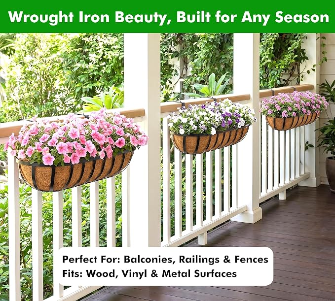 Y&M Window Planter Box Iron Deck Planters – Heavy Duty Steel Flower Troughs with Coco Liner, Adjustable Hanging Brackets for Balcony, Patio, Porch & Garden-30in 2Pcs