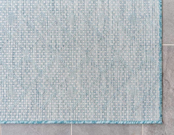 Unique Loom Outdoor Trellis Collection Area Rug - Tribal Trellis (6' 1" x 9' Rectangle, Aqua/ Ivory)