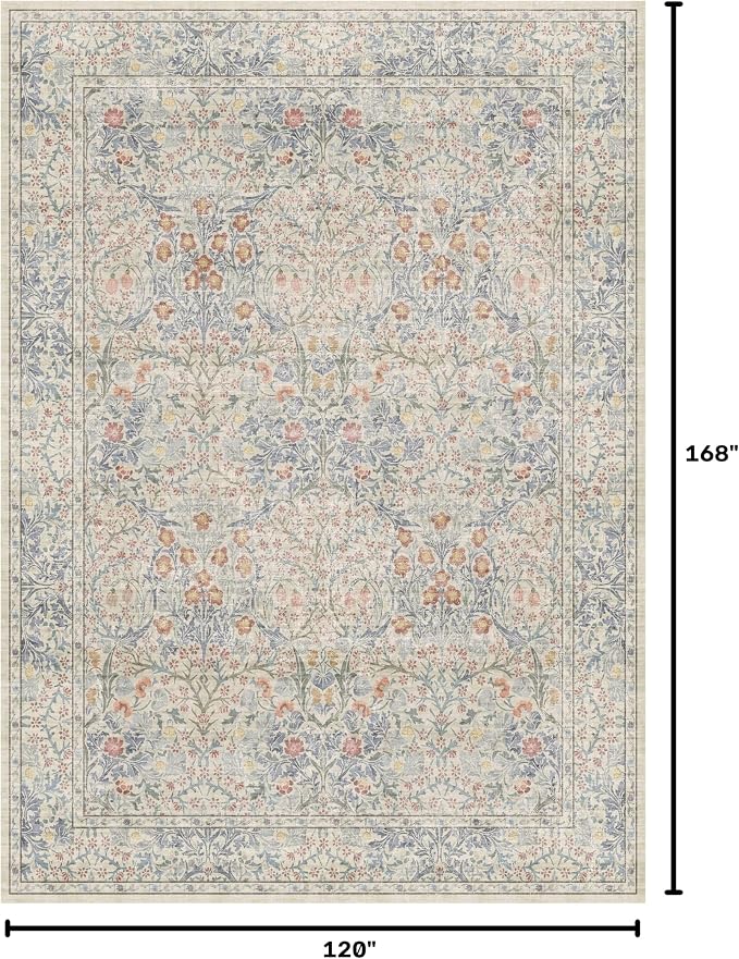 Vintage Washable Beige Blue 10x14 Rug for Living Room - Extra Large Area Rug for Dining Room Under Table, Bedroom - Botanical Floral Design with Purple Red Accent, Non-Slip Lightweight Soft Low Pile