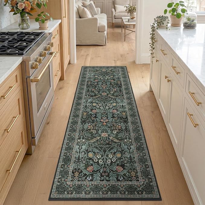 Dusty Teal 2x6 Washable Runner Rug Non Slip - Bathroom Kitchen Runner 6ft - Floral Soft Thin Rug Non Skid for Bath Entryway Hallway, Vintage Low Pile Stain Resistant Floor Carpet(Dark Green)