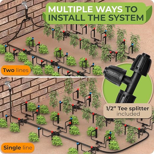 CARPATHEN 100FT Drip Irrigation System - Pressure Optimised Garden Watering System w 15pcs 360° Atomizing Nozzles, 16 Adjustable Drip Emitters 5/16 and 1/4 Tubing - Complete Watering Spray System