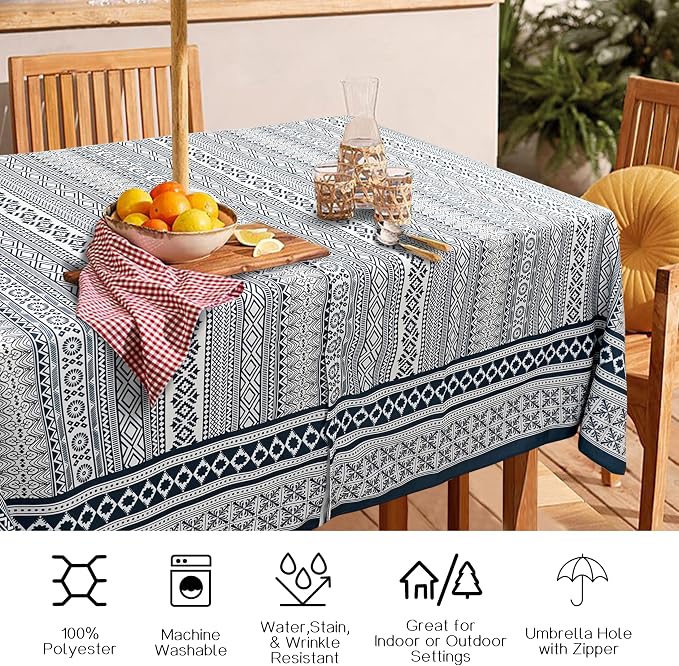 Outdoor Tablecloth with Umbrella Hole and Zipper, Rectangle Patio Table Covers for Spring/Summer, Machine Washable Outdoor Picnic Table Cloth (Boho, 60" × 84" Rectangular)