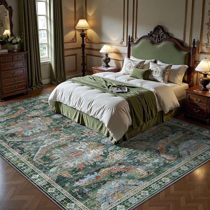 5x7 Area Rugs, Vintage Retro Soft Washable Rug, Non-Slip Low Pile Rugs for Living Room, Bedroom, Dining Room, Stain Resistant Home Decor Rug (Green)