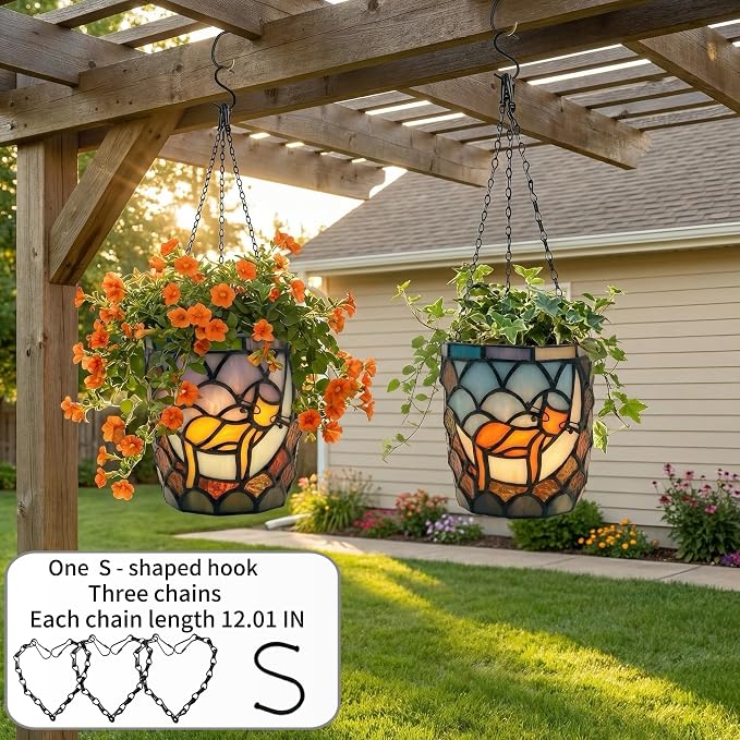 Stained Glass Hanging Cat Planter Pot, Orange Sleeping Cat Small Hanging Plant Pots Indoor, Blue Moon Flower Pot Plant Gifts