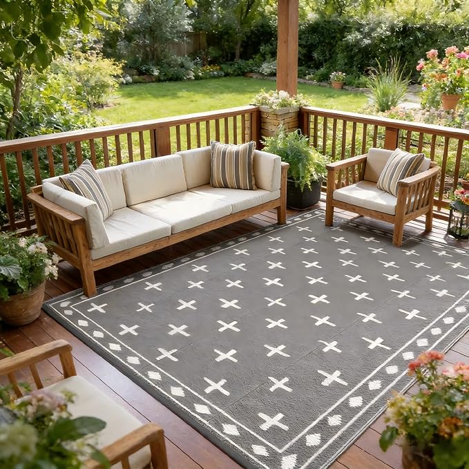 Outdoor Rug 9x12 Modern Area Rugs for Indoor and Outdoor Patios and Porches - Waterproof, Washable, Non-Shedding, Easy-to-Clean Outside Carpet，Grey/White