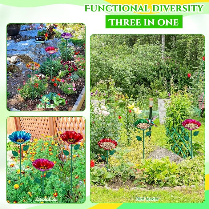 LemonRoad 6 Pcs Metal Bird Baths for Outdoors Flower Pattern Bird Bath Feeders with Metal Stake for Garden Yard Lawn Outdoor Decor(Multicolor)
