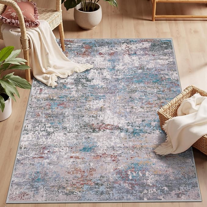Tangsoo Abstract 3x5 Washable Area Rug, Modern Non Slip Indoor Accent Rugs | Contemporary Print 3x5 Carpet, Soft Low Pile Foldable Rugs for Living Room Dorm Bedroom Bedside Entryway Blue Grey Home Decor