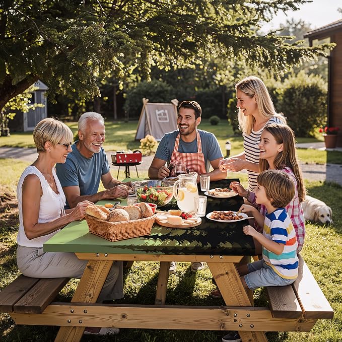 Fitted Waterproof Picnic Table Cover with Bench Covers Elastic 72×30In 3 Piece Camping Table Cloth for 6Ft Rectangle Tables Outdoor Camper Gifts Supplies Patio Rv Traveling Hiking Must Haves