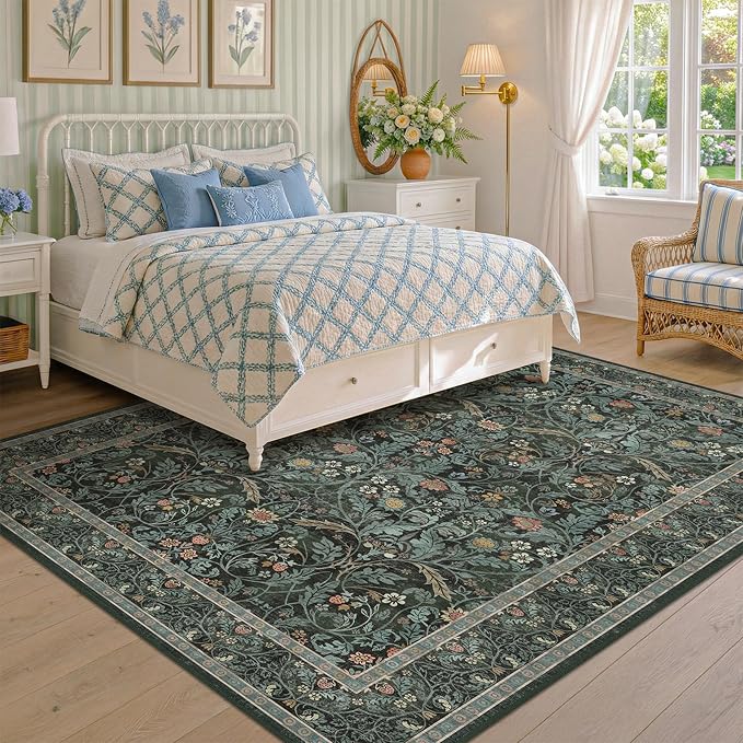 Dusty Teal Area Rug for Living Room, Floral Washable Rugs 5x7 for Bedroom, Dining Room, Classroom, Moody Home Office Décor, Low Pile Non Slip Mat Indoor, Forest Botanical Pattern Carpet(Dark Green)