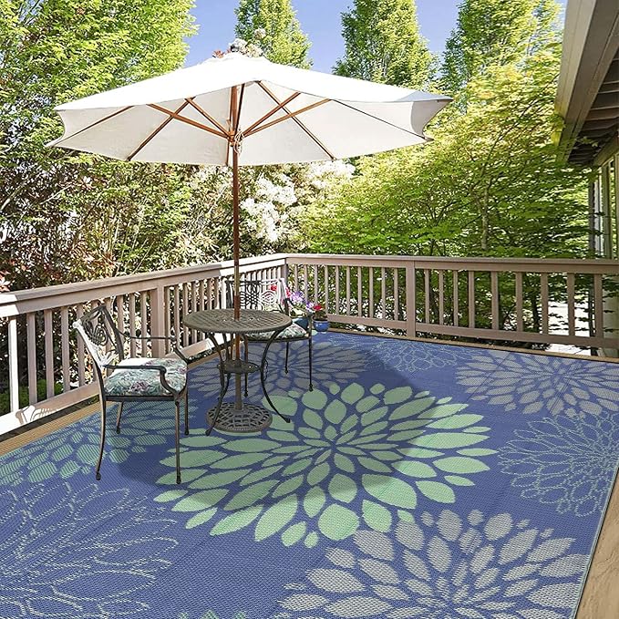 Ileading Waterproof Outdoor Rug 8x10, Reversible Plastic Straw Patio Rug, Portable Indoor Outdoor RV Camping Mat Carpet for Deck, Porch, Balcony, Backyard, Picnic, Floral Navy Blue