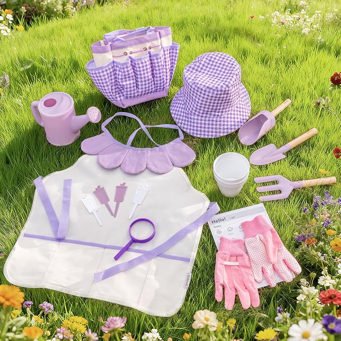 ROBUD Kid Gardening Set, Purple Wooden Garden Tool for Kid, Garden Tool Kit with Tool Storage Bag, Apron, Gloves, Montessori Toys for Kids to be Closed to Nature, WRP52