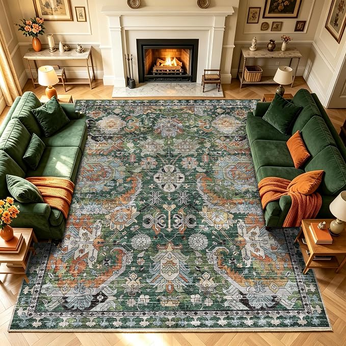 Washable Area Rugs - Perfect for Living Room, Bedroom, Kids Room, Nursery - Stain & Water Resistant Non-Slip, Pet & Child Friendly, Vintage Tribal Area Rugs (Green, 9' x 12')