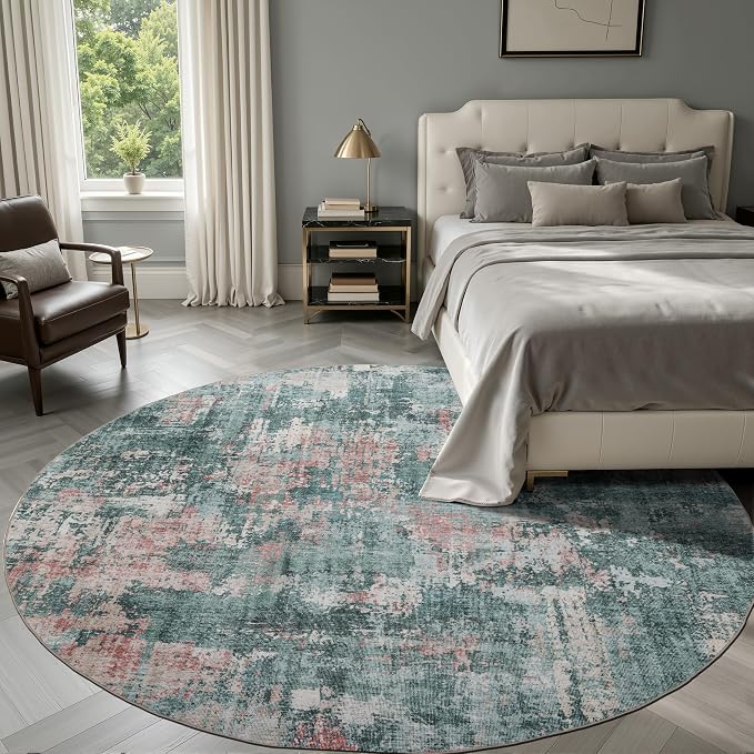Sasttie 6ft Round Area Rug, Modern Abstract Circle Carpet, Pink & Green | Machine Washable, Ultra-Soft Faux Wool, Low Pile, Non-Slip, Lightweight, Thin, for Living Room, Bedroom, Dinning Room & Dorm