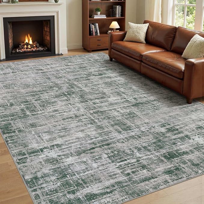 UERMEI 10x14 Area Rug for Living Room Washable Abstract Grey/Green Carpet | Low Pile Non-Slip Soft Neutral Modern Kid Pet Friendly Large Rugs For Bedroom Dining Room Nursery Office Indoor Decor