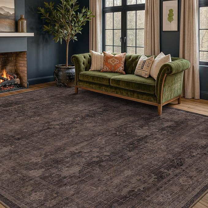 Farmhouse Washable 8x10 Area Rugs for Living Room, Dark Brown with Plum, Rust, and Charcoal Accents Vintage Geometric Rug for Bedroom, Dining Room, Modern Boho Distressed Ultra Soft Low Pile Carpet