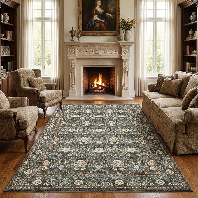 GarveeHome Washable Area Rug 6x9, Soft Vintage Floral Bedroom Rug Non Slip Low Pile Carpet Stain Resistant Gray Throw Rug for Bedside Kids Room Office Dining Room