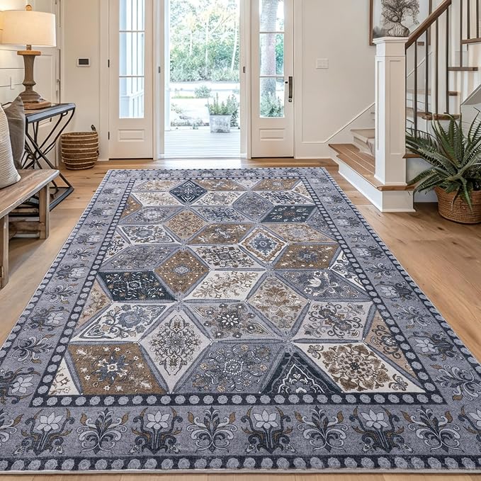 Moroccan Boho Floral Geometric Patchwork Washable 8x10 Large Rug | Vintage Distressed Non Slip Throw Carpet for Bedroom Livingroom Kitchen Hallway Entryway Office Dining Room Docer, Dark Grey