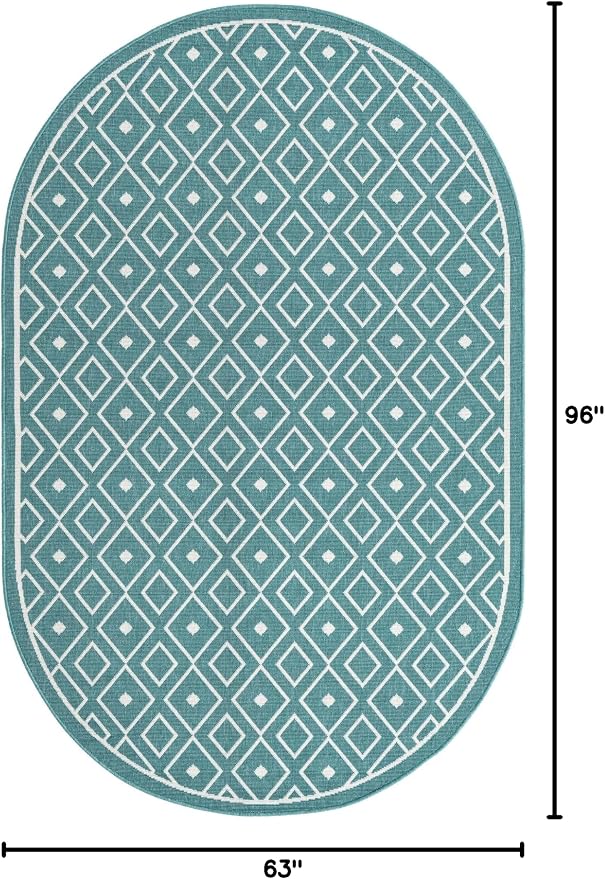 Unique Loom Outdoor Trellis Collection Area Rug - Kafes (5' 3" x 8' Oval, Teal/ Ivory)