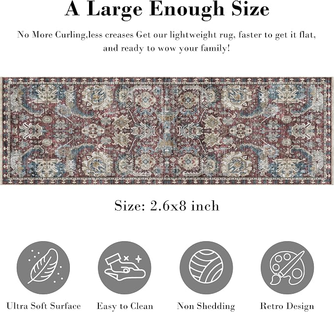 Washable Area Rugs - Perfect for Living Room, Bedroom, Kids Room, Nursery - Stain & Water Resistant Non-Slip, Pet & Child Friendly, Vintage Tribal Area Rugs (Rust and Bule, 2'6'' x 8')