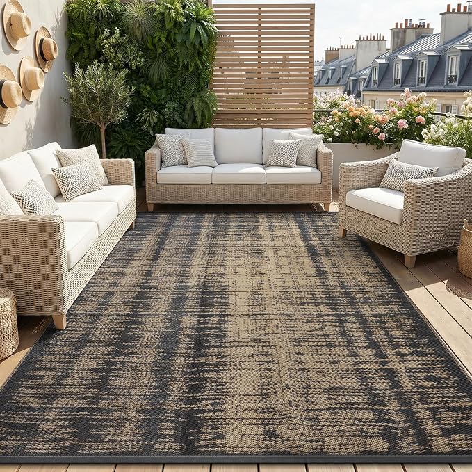 MontVoo Outdoor Rug Waterproof 5x8 ft Outdoor Carpet Patio Rug Mat Reversible RV Camping Rug Plastic Straw Outside Rug for Balcony Porch Deck Picnic Beach Modern Black Brown