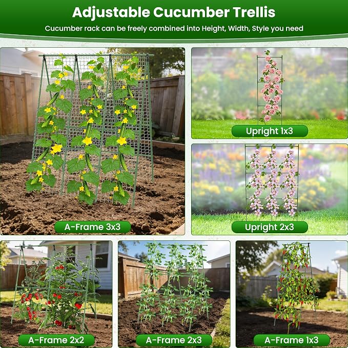 Cucumber Trellis for Raised Bed 48" L x 64" H, 16mm Adjustable A-Frame Garden Trellis with Net for Climbing Plants, Vertical Garden Vegetable Trellis for Zucchini Pea Bean Squash Grape Tomato Flowers