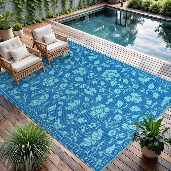 Garvee 6x9 Outdoor Patio Rug, Floral Waterproof Outdoor Rug for Camping with Portable Bag, Vintage Plastic Straw RV Rugs for Outside, Reversible Mats for Picnic Backyard Porch Balcony, Dark Blue