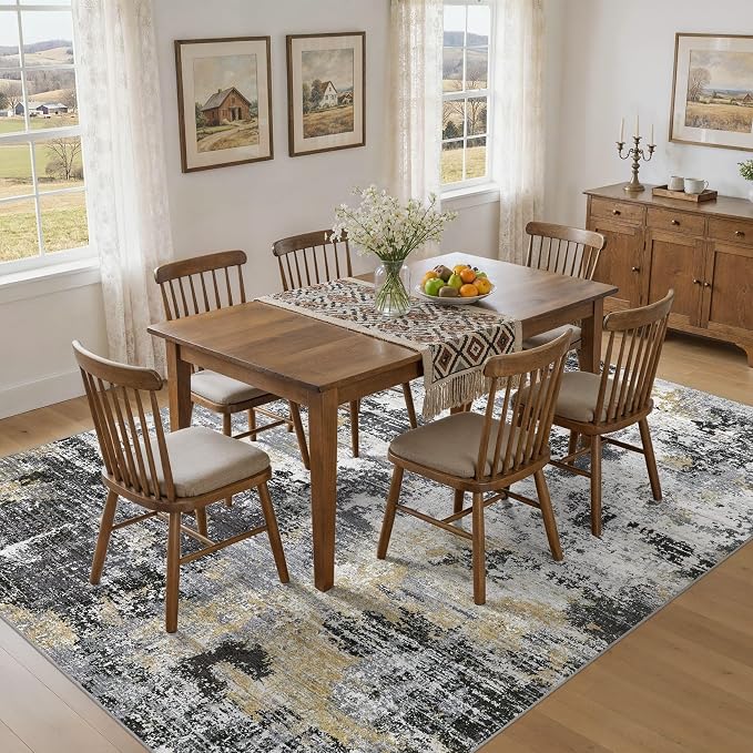 UERMEI 10x12 Area Rug for Living Room - Washable Neutral Modern Abstract Carpet, Non-Slip Soft Large Indoor Floor Rugs for Bedroom Home Office & Under Dining Table Decor, Black/White/Gold