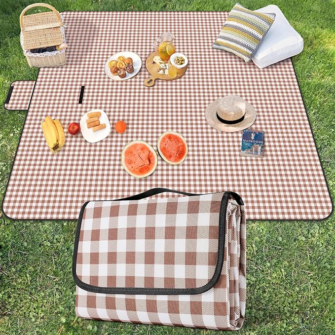 Picnic Large Blanket,78” × 78” Large Camping Blanket,with Handle,Waterproof and sandproof Bottom,Machine Washable,Outdoor Foldable Hiking Blanket, Portable and Easy to Clean (Coffee Grid)
