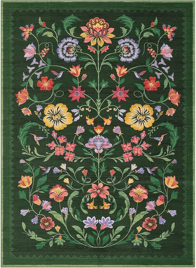 GarveeHome Washable Rug 4x6 Area Rugs for Living Room, Floral Rug for Bedroom, Soft Boho Non Slip Throw Rugs with Rubber Back, Low Pile Stain Resistant Vintage Floral Carpet for Dining Room, Green