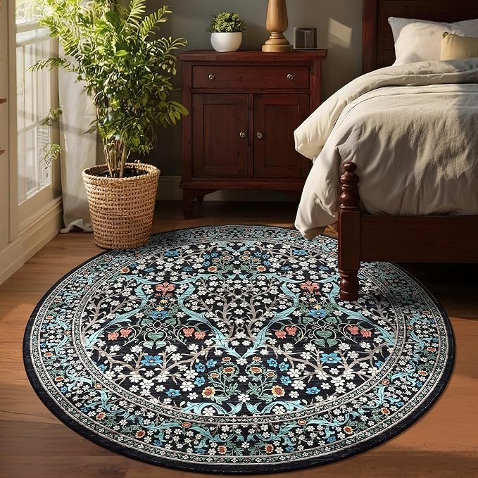 GarveeHome Black Floral 4 ft Round Rug Washable Non-Slip Soft Low Pile Small Circle Carpet Vintage Rugs for Kitchen Bedroom Nursery Dining Living Room