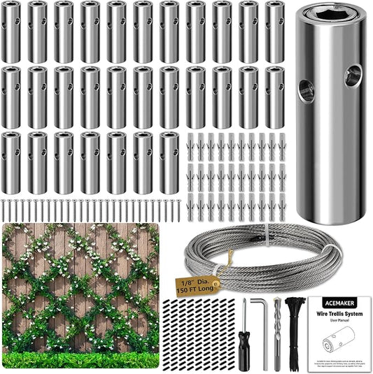 Wire Trellis for Climbing Plants Outdoor, 30-Set Wall Wire Trellis Kit with 1/8in x 150ft Stainless Steel Cable, T316 Cylindrical Espalier System for Fence and Garden DIY Projects