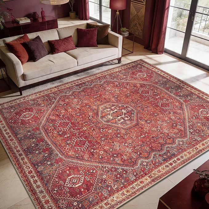Keen Home Design Vintage Washable Area Rug, Non-Slip Low Pile, 9x12 | Machine Washable Cotton Chenille, 0.25In Low Pile, Rubber Non-Slip Back; Living Room, Bedroom, Dining Room