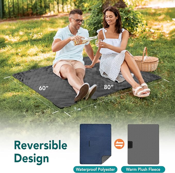 SUN CUBE Large Waterproof Camping Blanket, Fleece Quilted Stadium Blanket for Cold Weather, Windproof Foldable Outdoor Blanket Mat for Picnic, Beach, Pets, Car, 60x80in