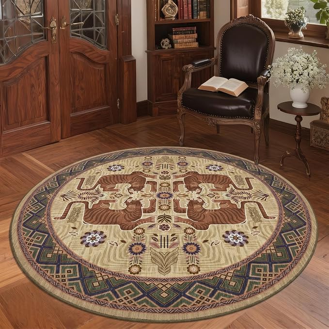 GarveeHome Tiger Round Area Rugs Boho Bedroom Non Slip Washable Vintage | 4ft Camel Animal Print Bedroom Circle Rugs,Tribal Floor Carpet for Dining Room Entryway Nursery Playroom Office