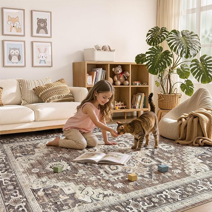 DTICON Vintage Washable 9x13 Area Rug Living Room Rugs, Dark Brown | Boho Distressed, Pet & Kid Friendly, Non-Slip Backing, Soft Polyester, Low-pile Carpet for Living Room, Bedroom, Dining Room