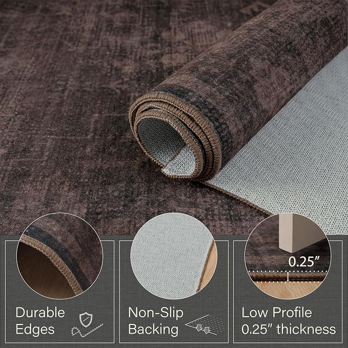 Machine Washable 3x4 Area Rug for Entryway, Kitchen, Bedroom & Laundry Room, Dark Taupe Brown Vintage Rug with Distressed Geometric Design, Low Pile Anti-Slip Backing, Stain & Fade Resistant