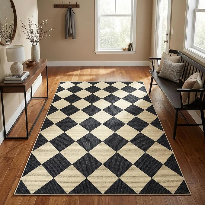 GarveeHome 3x5 Checkered Area Rug Non Slip Washable Entryway Bedroom Rug | Modern Geometric Plaid Black Neutral Boys Carpet Classic Throw Mat for Kitchen Bedside Kids Room Office Dining Room