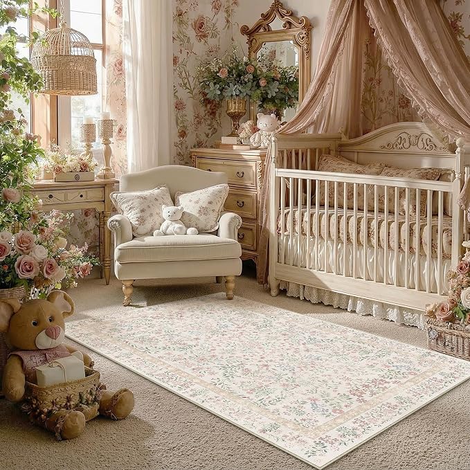 3x5 Pink Floral Small Area Rug Vintage Farmhouse Style | Washable, Non Slip, Soft Low Pile, Indoor Carpet for Entryway, Kitchen, Bedroom, Bathroom, Nursery, Botanical Decor