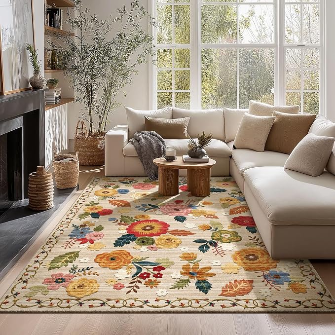 5x7 Area Rugs for Living Room: Machine Washable Rug for Bedroom Non Slip Low Pile Soft Faux Wool Non Shedding Distressed Vintage Floral Carpet for Dining Room Kitchen Entryway Farmhouse Office Indoor