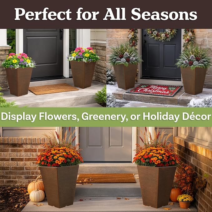 Large Outdoor Planters 2-Pack - 13.75-Inch Tall Planters for Outdoor Plants or Indoor Pots for Plants - Plastic Flower Pots for Patio, Entryway, or Front Porch Decor by Pure Garden (Bronze)