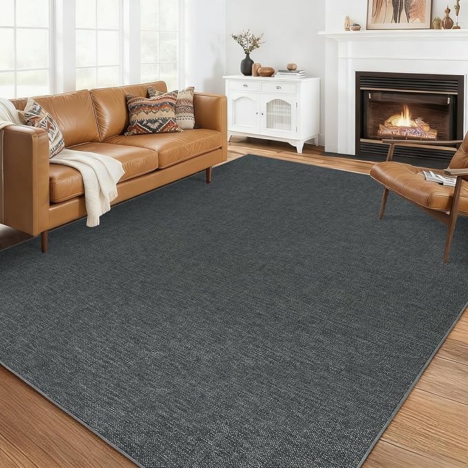 Garvee Large Washable Rug 9x12 Modern Solid Rugs for Living Room Charcoal | Non Slip Woven Textured Bedroom Rug Ultra-Thin Non-Shedding Farmhouse Carpet Neutral Foldable Throw Rugs for Bedroom Office