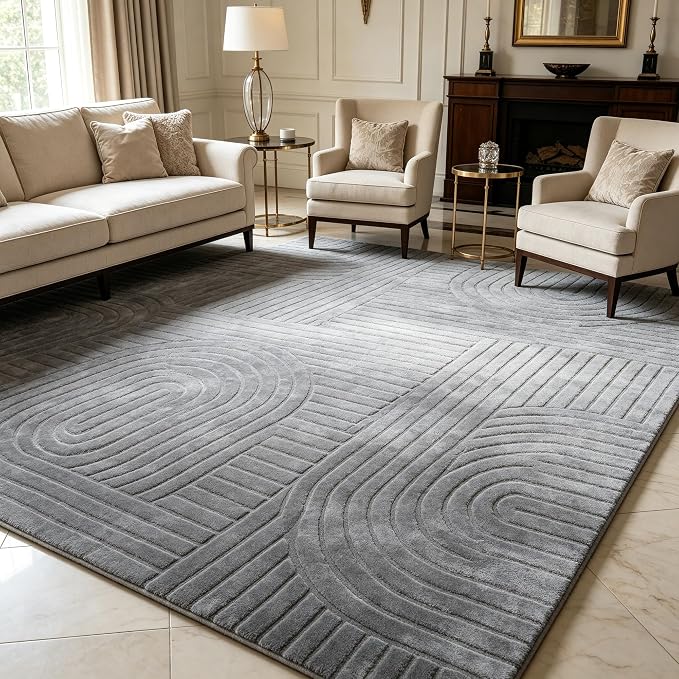 5x7 Solid Grey Area Rugs for Living Room, Washable Soft Bedroom Rug | Modern Geometric Boho High-Low Textured Fluffy Non-Slip Carpet for Bedside, Kids Room, Nursery, Entryway, Apartment, Office