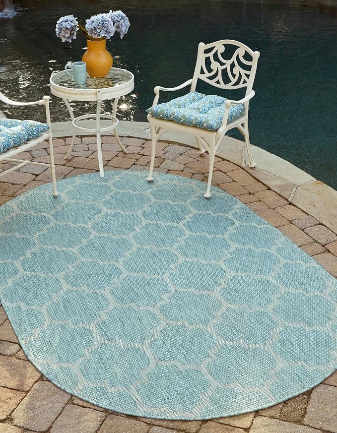 Unique Loom Outdoor Trellis Collection Area Rug (7' 10" x 10' Oval, Aquamarine/ Gray)