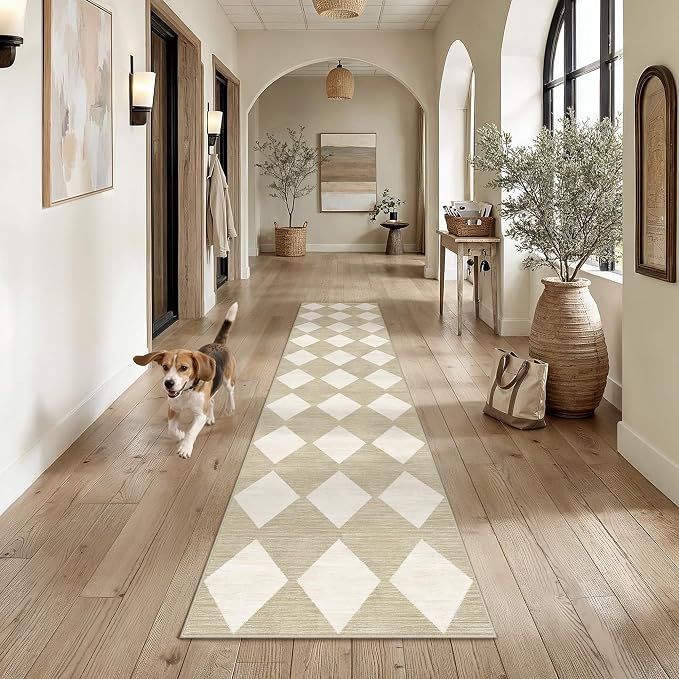 2'6x10 Washable Runner Rug Kitchen Beige Non Slip Checkered Carpet | Soft, Low Pile, Easy Clean, Diamond Pattern for Hallway, Entryway, Laundry Room, Bathroom, Modern Neutral Decor