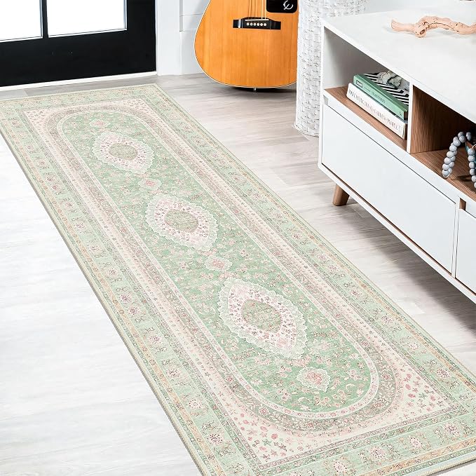 Washable Runner Rug 2x8,Long Boho Green Rug Runners for Hallways | Non Slip Rugs for Bedroom Entryway Living Room Bathroom,Vintage Bohemian Distressed Oriental Floor Carpet,Sage Blush Floral