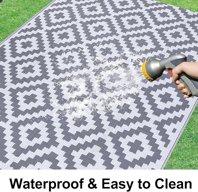 Smiry Waterproof Outdoor Rug 10X14 ft, Reversible Plastic Straw Patio Camping Rugs, Outdoor Indoor RV Mat Carpet for Patio, Outside Entry, Backyard, Deck, Bench, Picnic, Camper, White & Grey