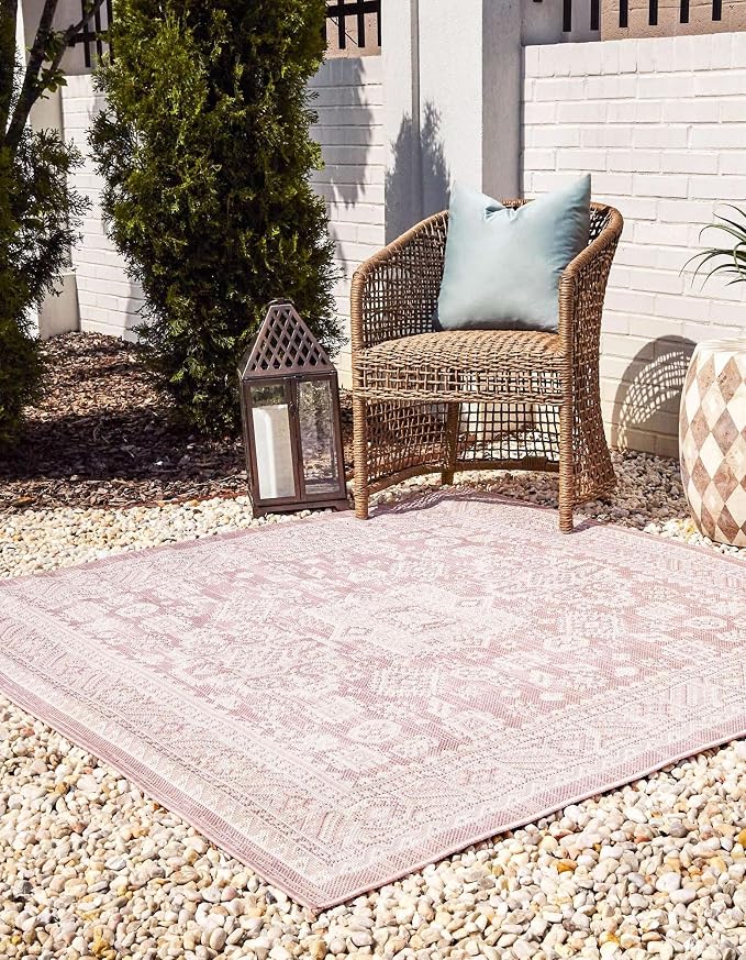 Unique Loom Outdoor Aztec Collection Area Rug - Chalca (13' Square, Pink/ Ivory)