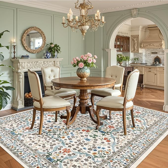 GarveeHome Beige Floral 8x10 Washable Area Rug for Living Room Bedroom | Vintage Washable Low-Pile Non-Slip Carpet Soft Stain Resistant Rugs for Large Room Botanical Boho Rug TPE Backing