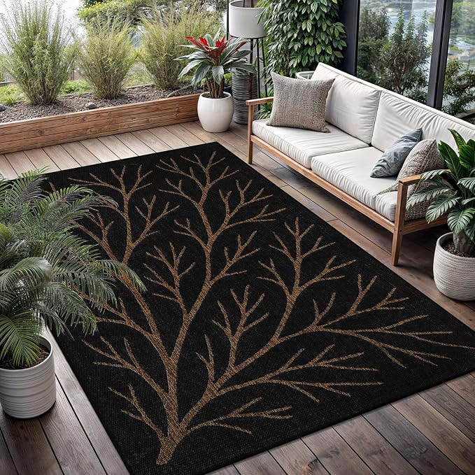 Washable Indoor Outdoor Rug 5x7 Modern Area Rugs Branch Pattern Non Shedding Waterproof Easy Clean Patio Deck Porch Living Room Bedroom Garden RV (5 X 7 Gold)