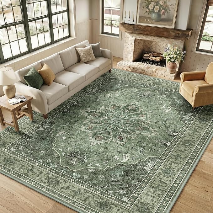 RELEANY Washable Area Rug, Large 9'x12', Green/Dark Green/Gray | Non-Slip, Water Repellent, Pet Friendly, Easy to Clean, Vintage Floral Boho Decor for Living Room Bedroom Dining Room